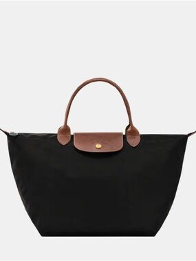 Longchamp Le Pliage Original M, Black and Brown Tote Bag with Top Handles